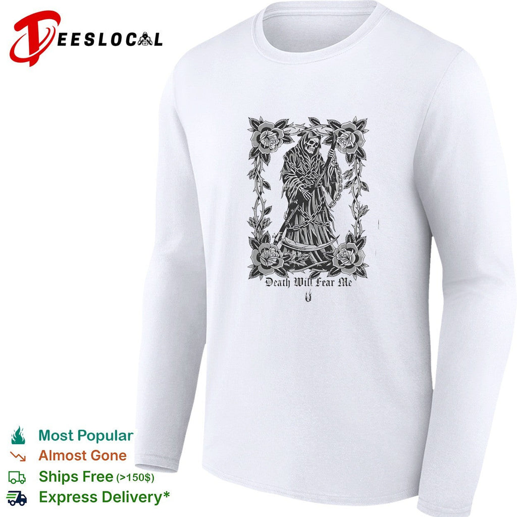 Grim Reaper death will fear me rose thorn chain gothic horror skeleton art shirt Unisex