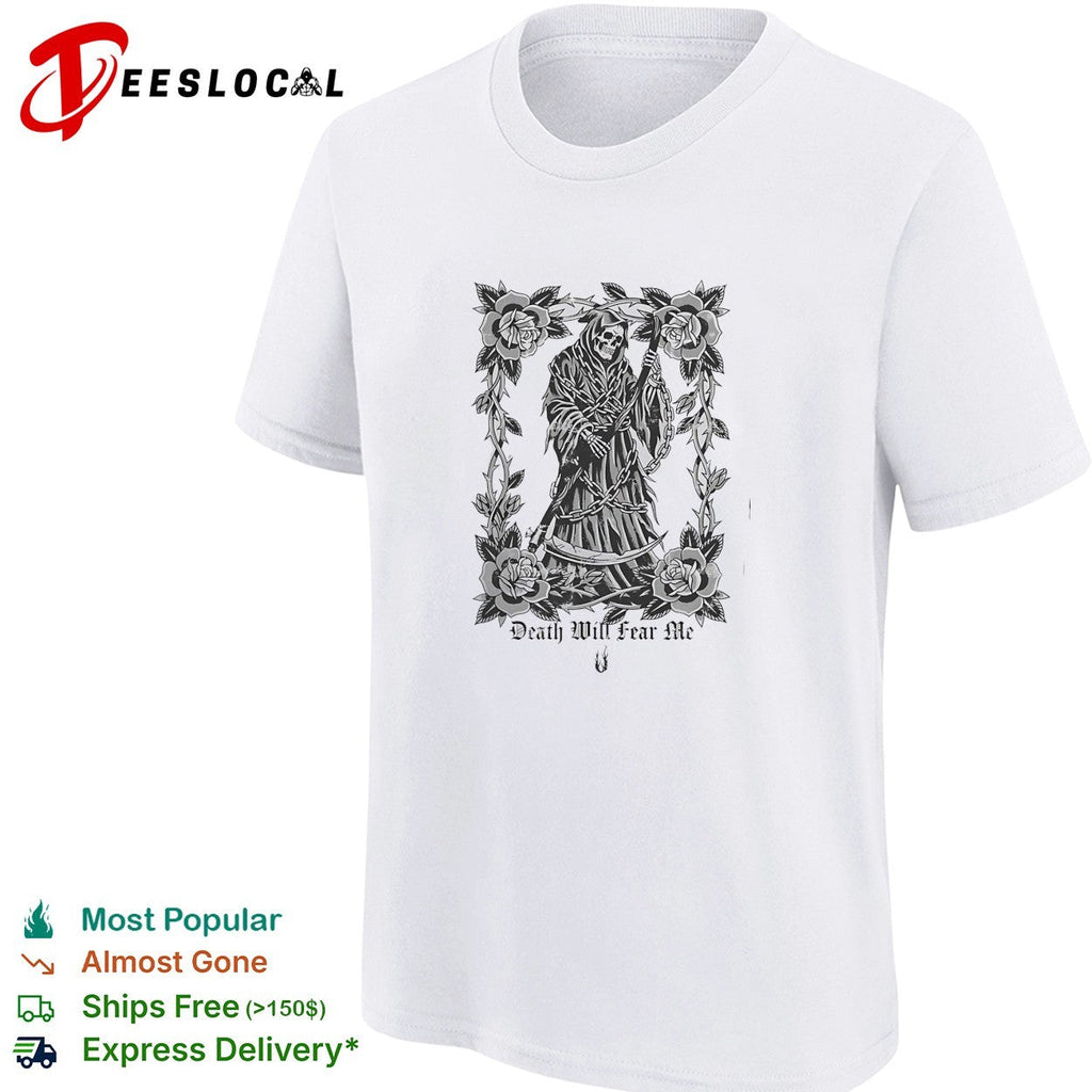 Grim Reaper death will fear me rose thorn chain gothic horror skeleton art shirt Unisex