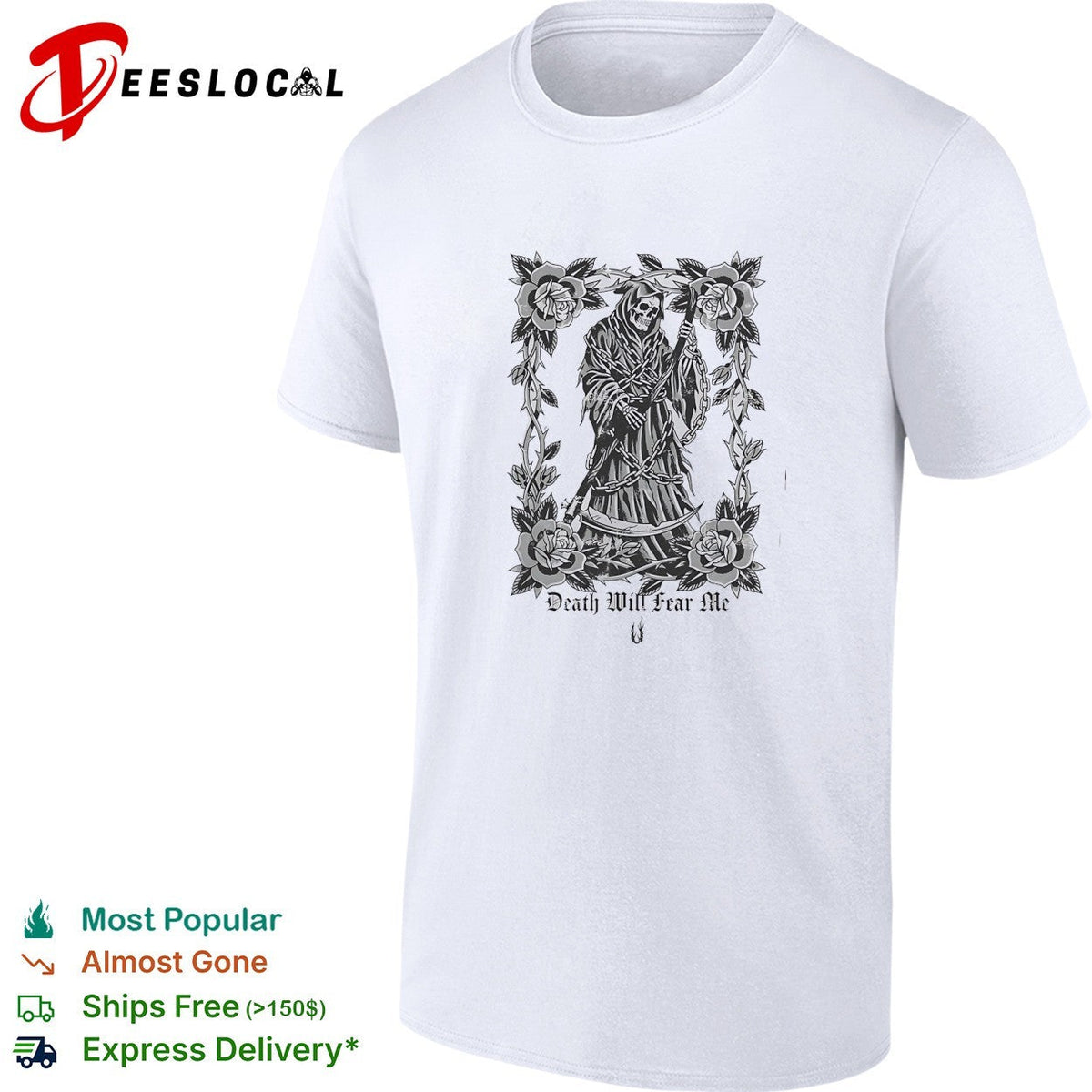 Grim Reaper death will fear me rose thorn chain gothic horror skeleton art shirt Unisex