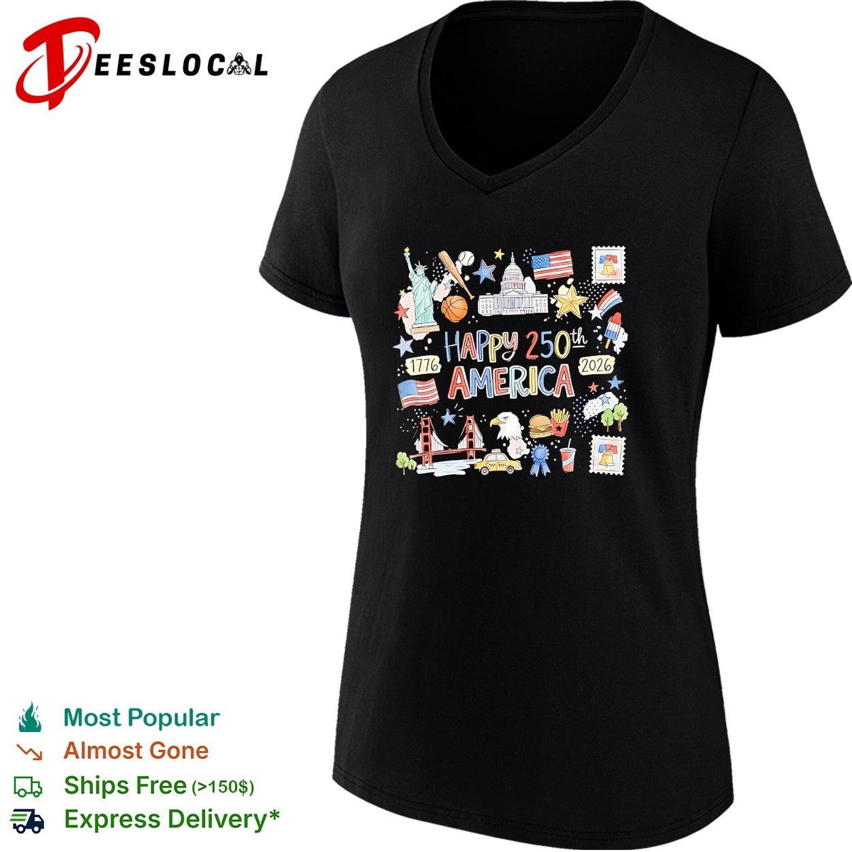 Happy 250th America 1776 2026 patriotic icon collage Statue of Liberty eagle shirt Unisex