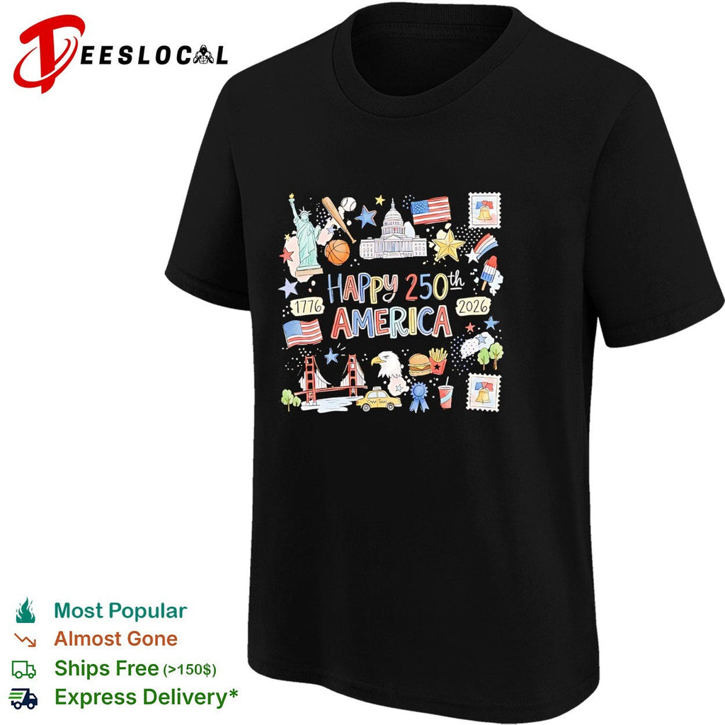 Happy 250th America 1776 2026 patriotic icon collage Statue of Liberty eagle shirt Unisex