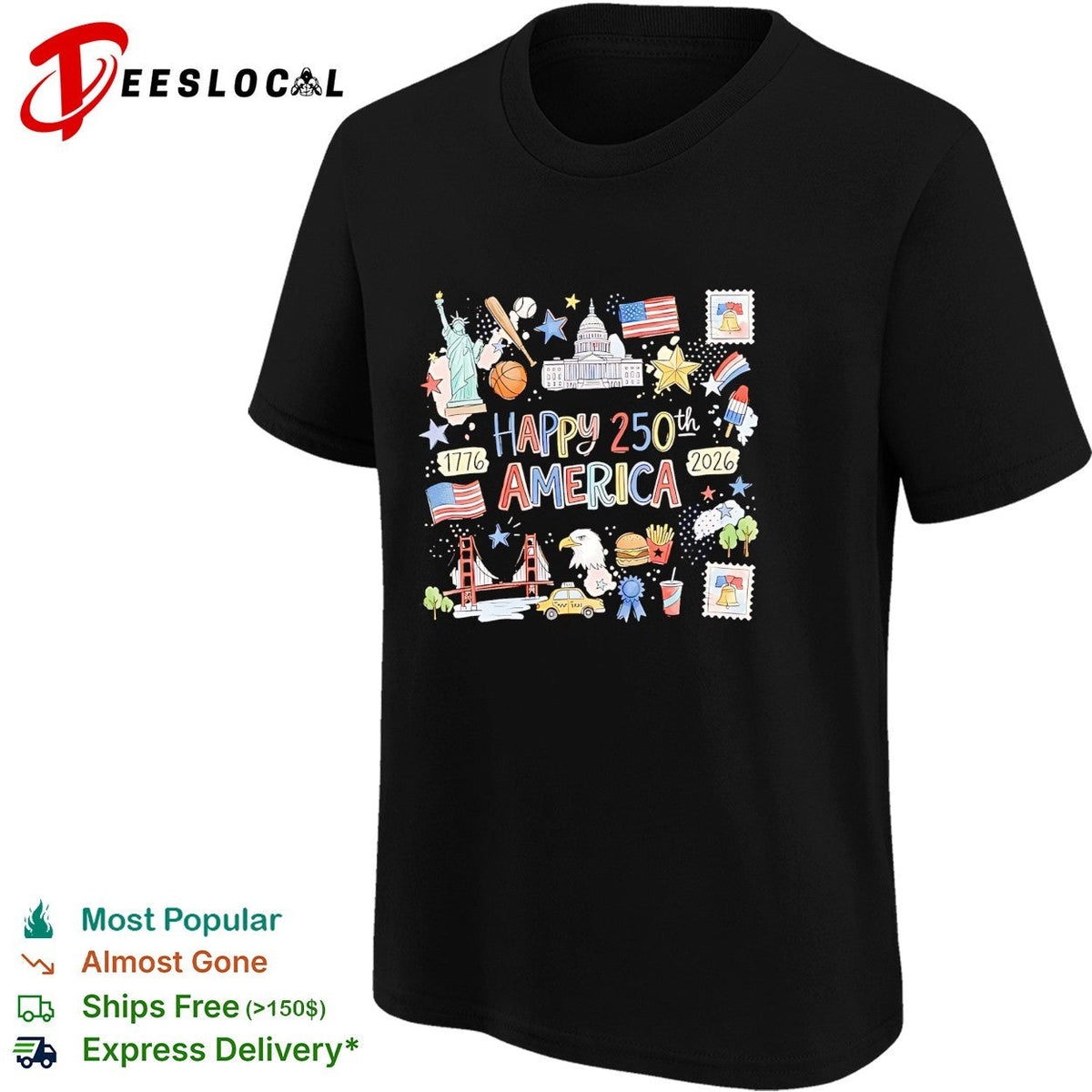 Happy 250th America 1776 2026 patriotic icon collage Statue of Liberty eagle shirt Unisex
