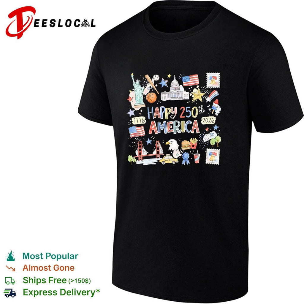 Happy 250th America 1776 2026 patriotic icon collage Statue of Liberty eagle shirt Unisex