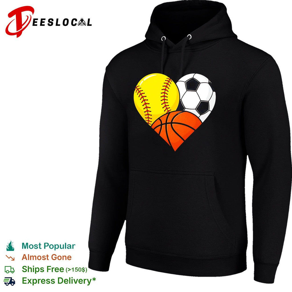 Heart shaped softball soccer basketball three sports love art shirt Unisex