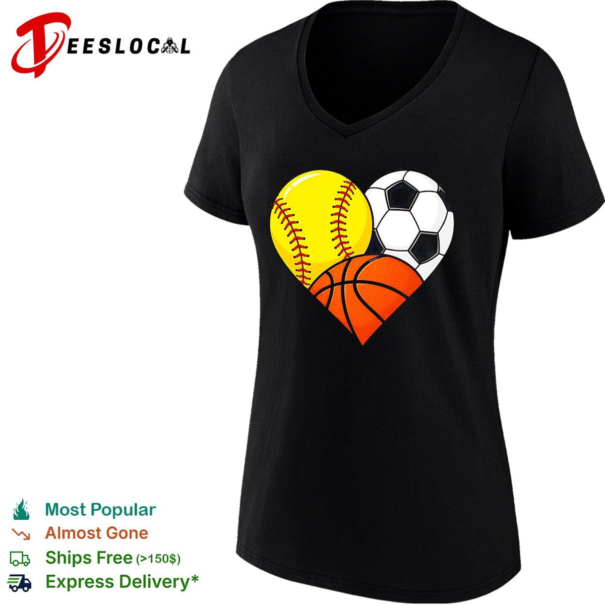 Heart shaped softball soccer basketball three sports love art shirt Unisex
