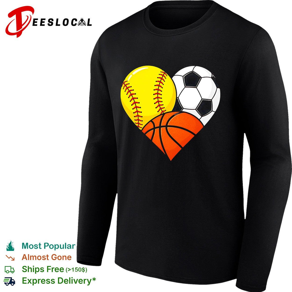 Heart shaped softball soccer basketball three sports love art shirt Unisex