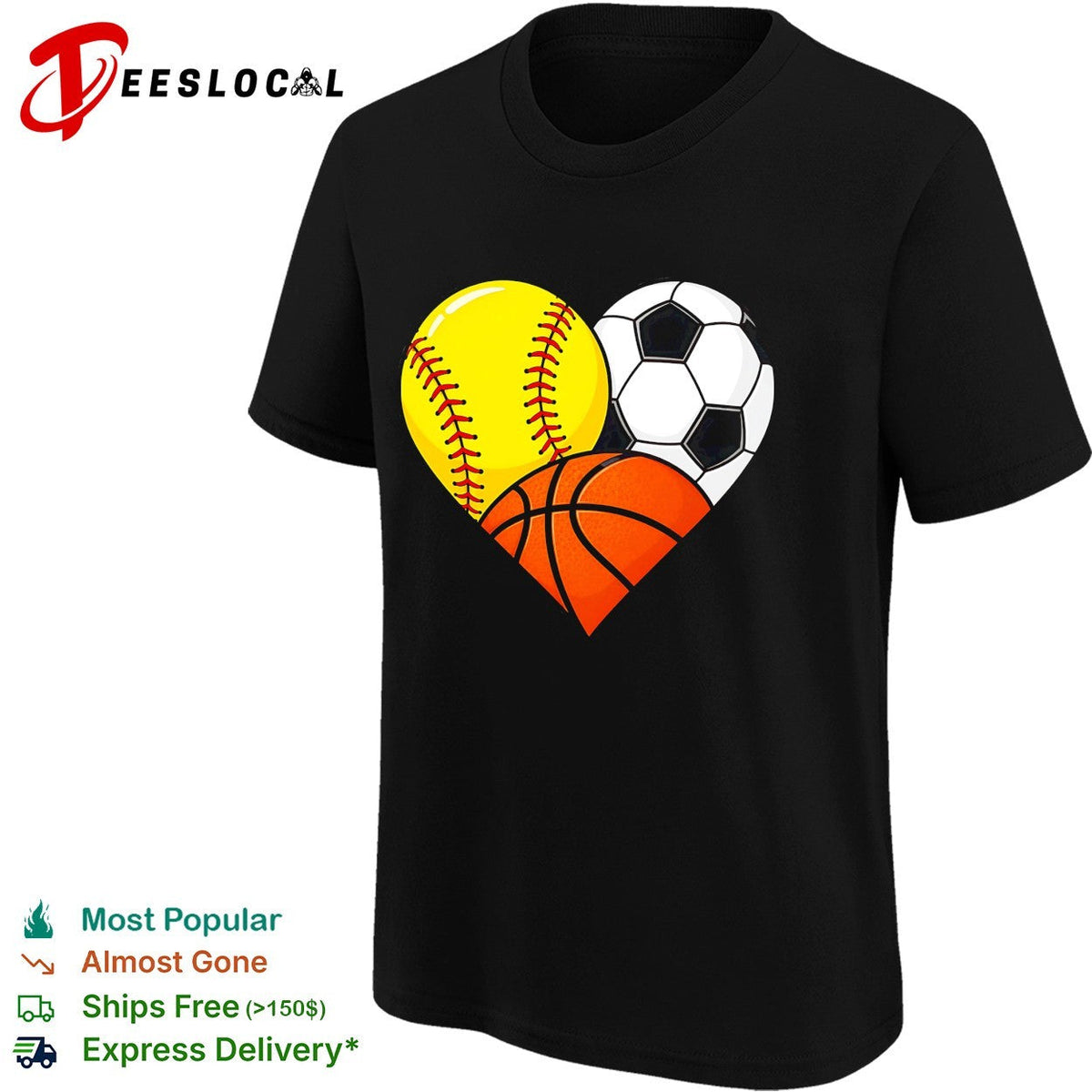 Heart shaped softball soccer basketball three sports love art shirt Unisex