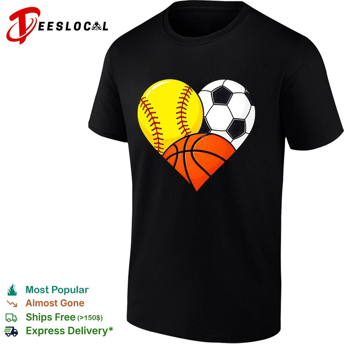 Heart shaped softball soccer basketball three sports love art shirt Unisex