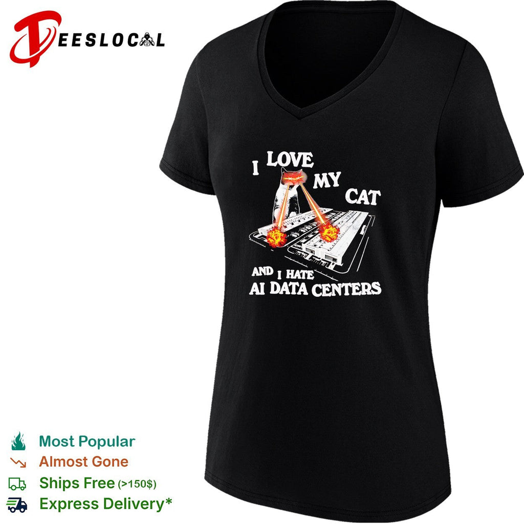 I love my cat and i hate ai data centers laser eye feline funny tech protest shirt Unisex