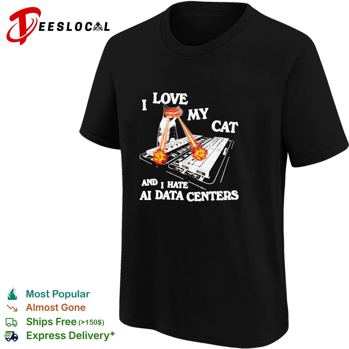 I love my cat and i hate ai data centers laser eye feline funny tech protest shirt Unisex