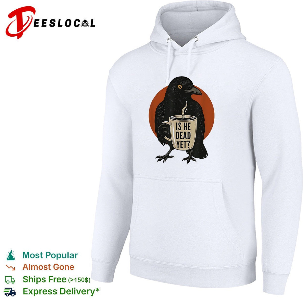 Is he dead yet black raven holding steaming coffee mug illustration graphic shirt Unisex