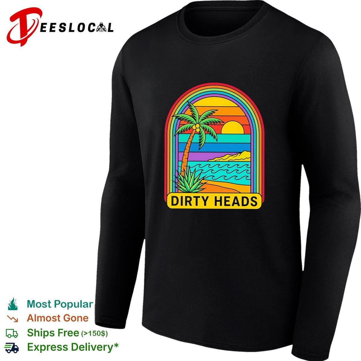 Tropical beach palm tree rainbow arch sunset vintage poster art shirt Unisex
