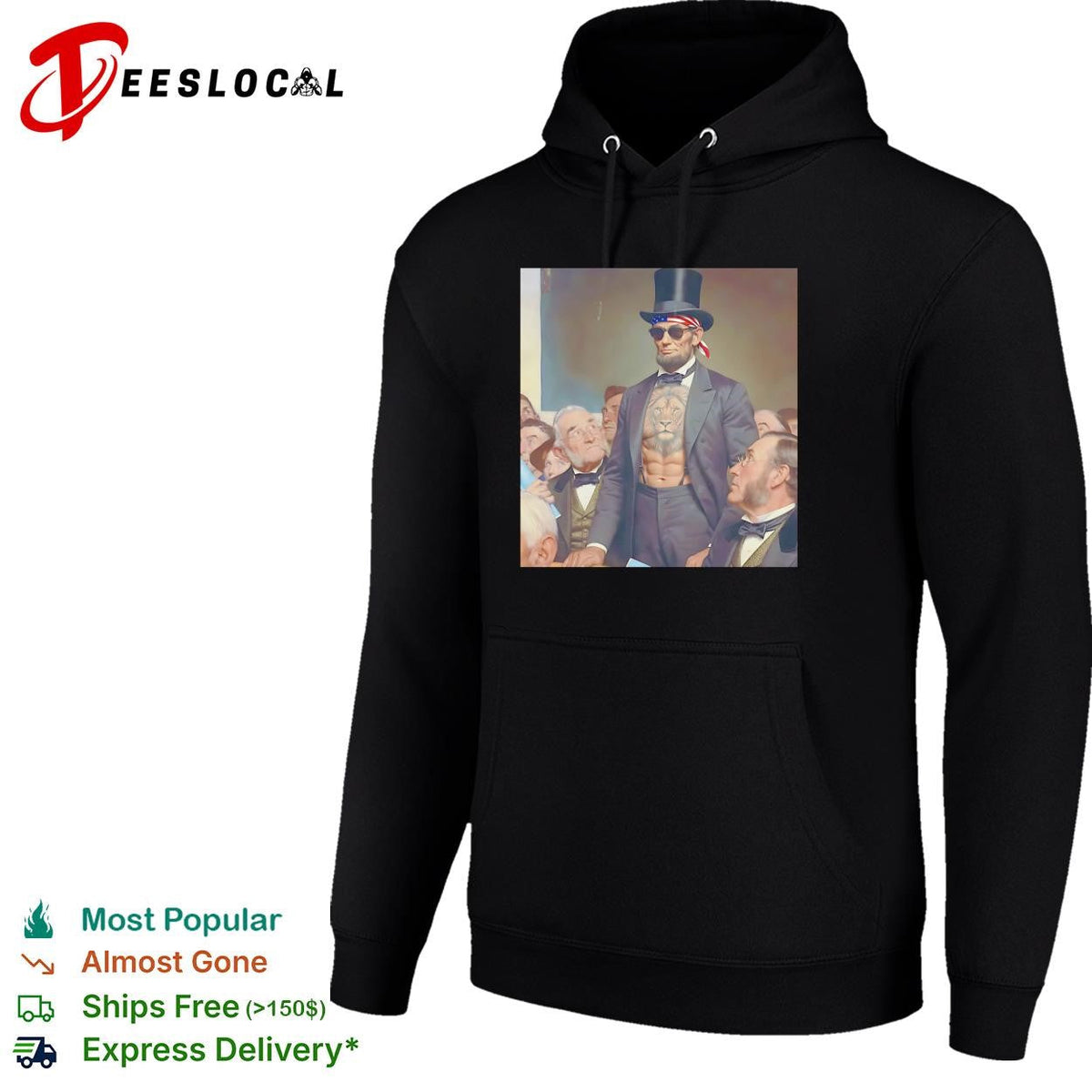 Abraham Lincoln lion chest tattoo top hat and sunglasses portrait graphic shirt Unisex