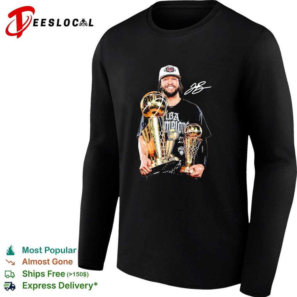 Jalen Brunson holding championship trophy and Finals MVP award double trophy celebration photo shirt