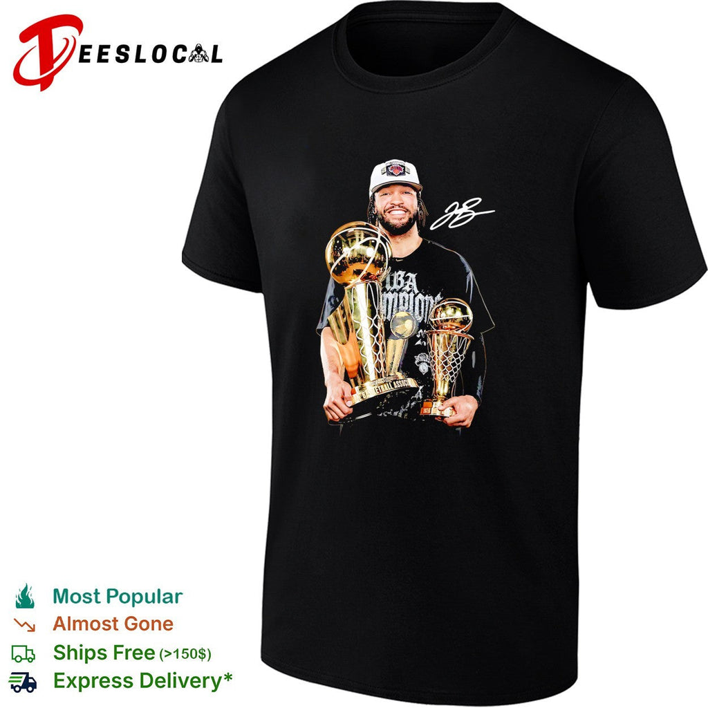 Jalen Brunson holding championship trophy and Finals MVP award double trophy celebration photo shirt