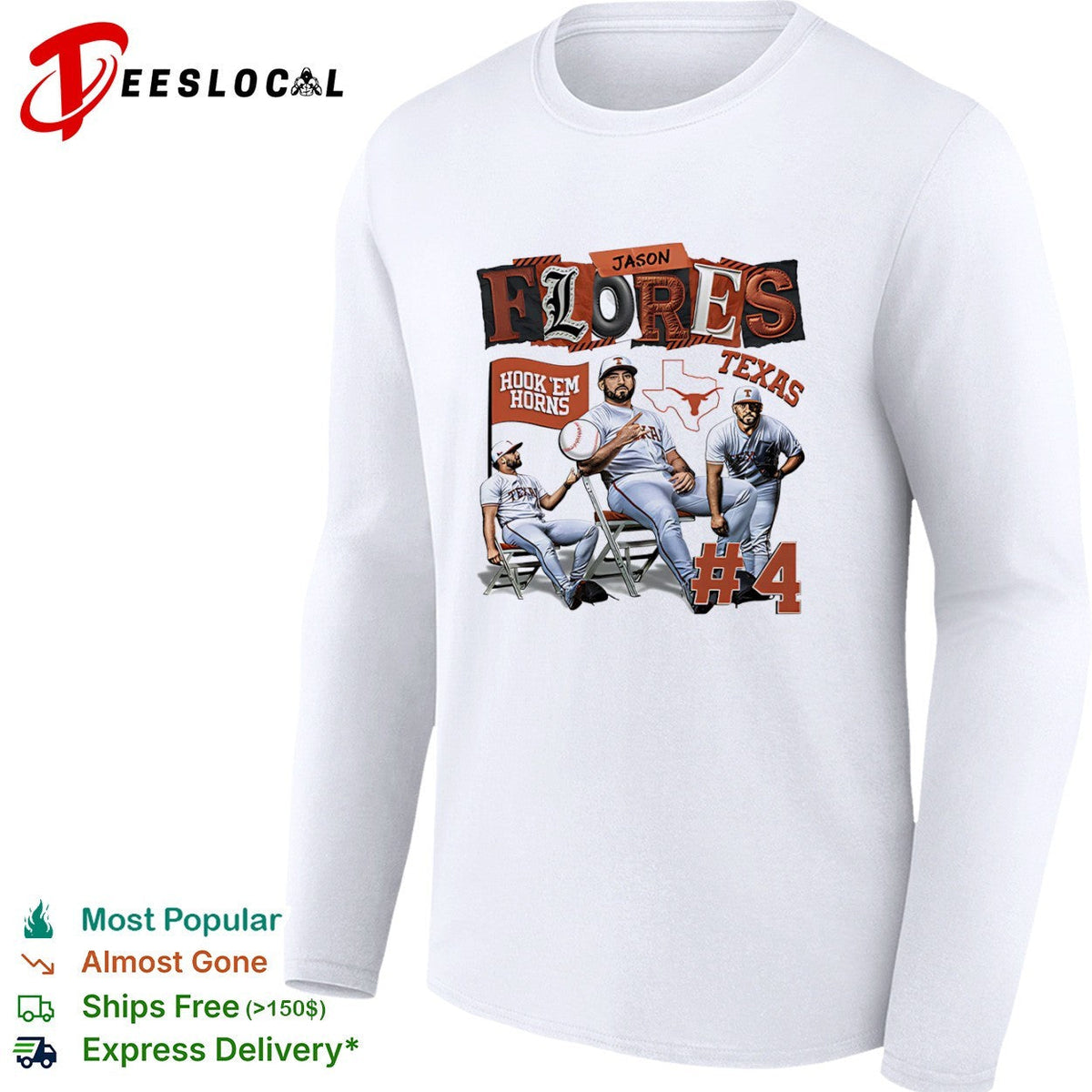 Jason Flores 4 Texas Longhorns Hook Em Horns baseball shirt Unisex