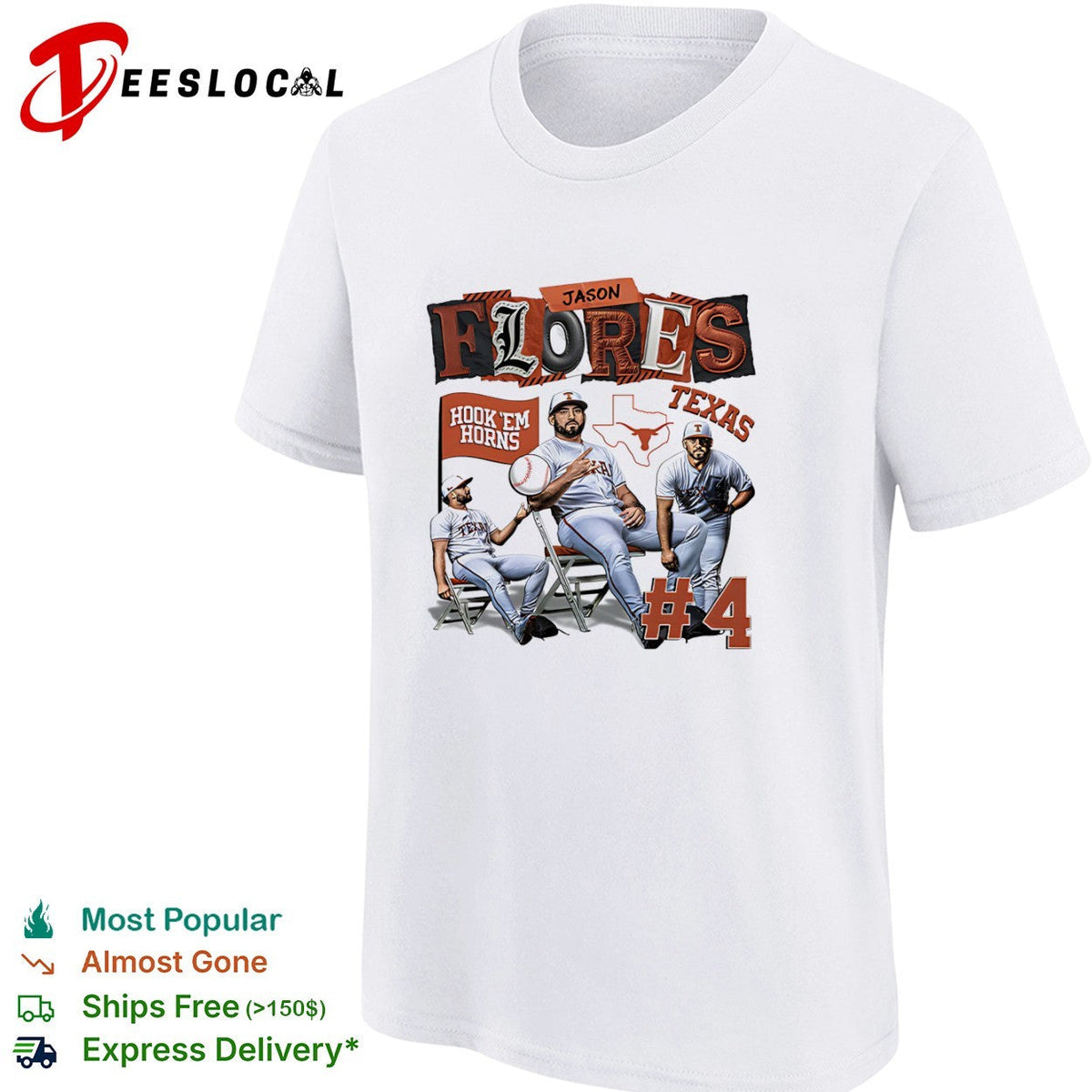 Jason Flores 4 Texas Longhorns Hook Em Horns baseball shirt Unisex