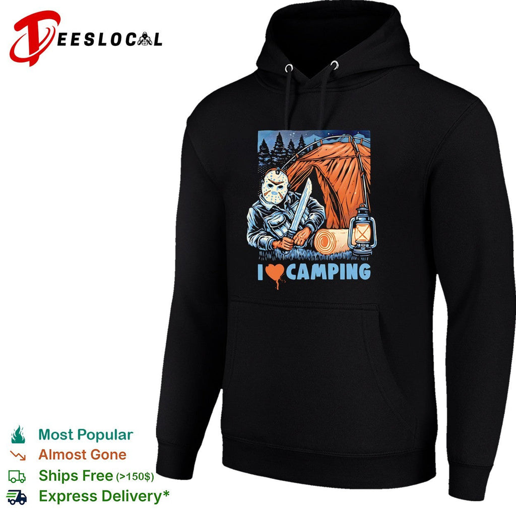 Jason Voorhees holding knife I love camping shirt Unisex