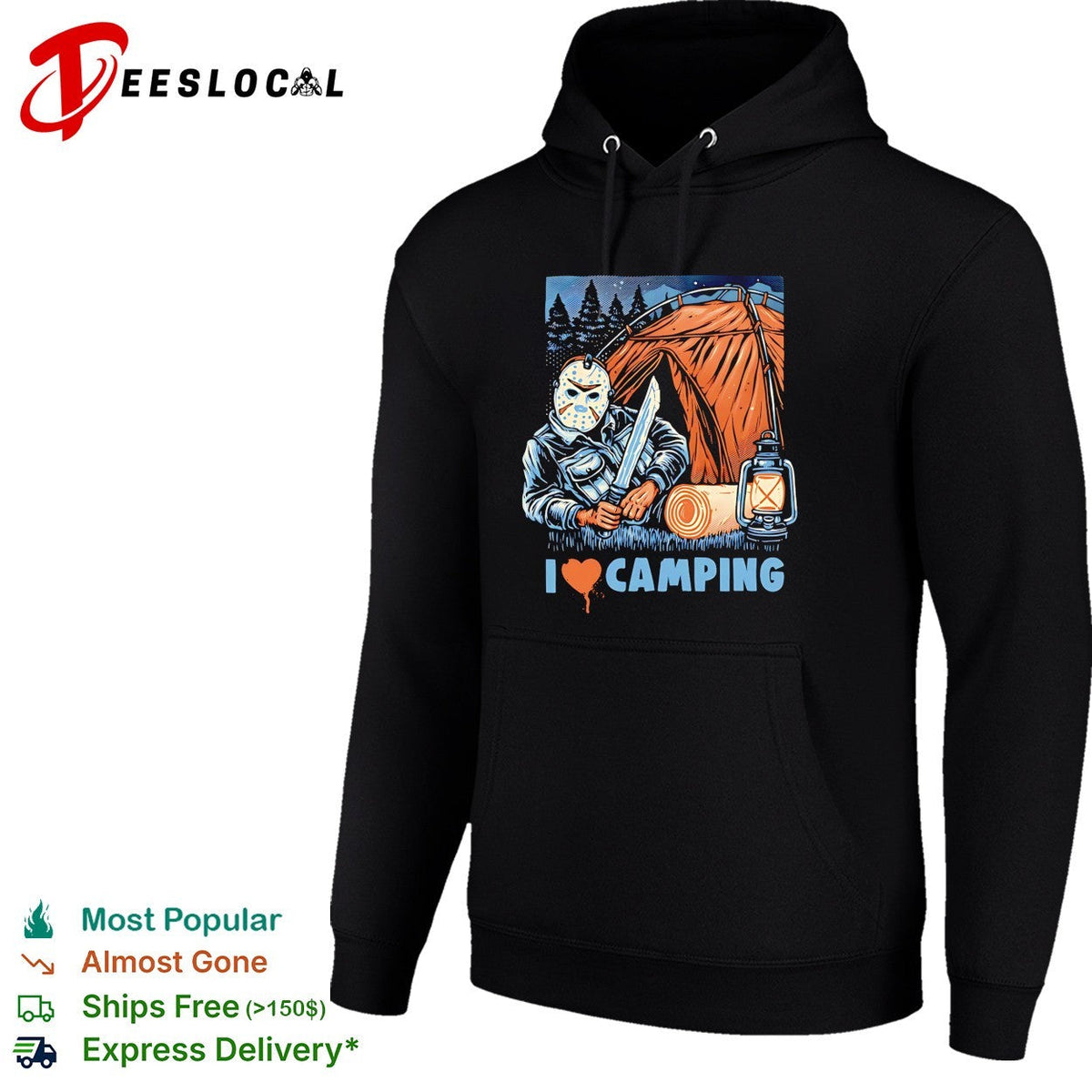 Jason Voorhees holding knife I love camping shirt Unisex