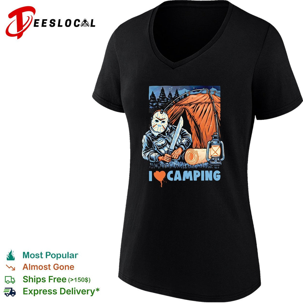 Jason Voorhees holding knife I love camping shirt Unisex