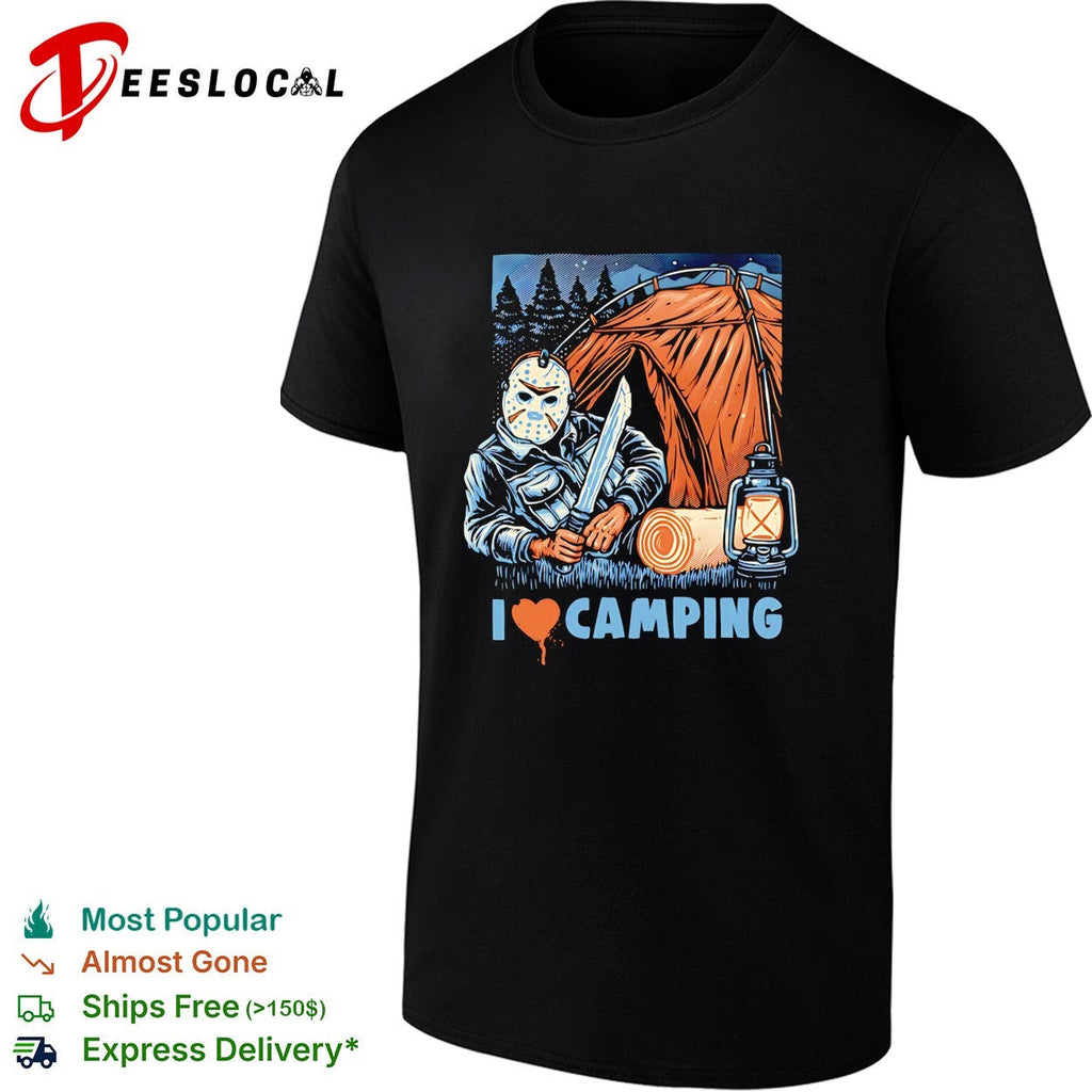 Jason Voorhees holding knife I love camping shirt Unisex