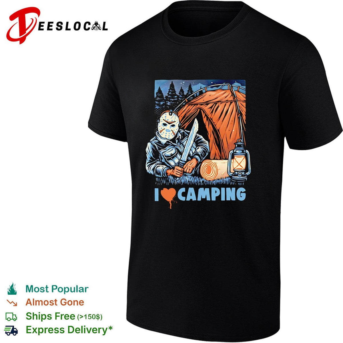 Jason Voorhees holding knife I love camping shirt Unisex