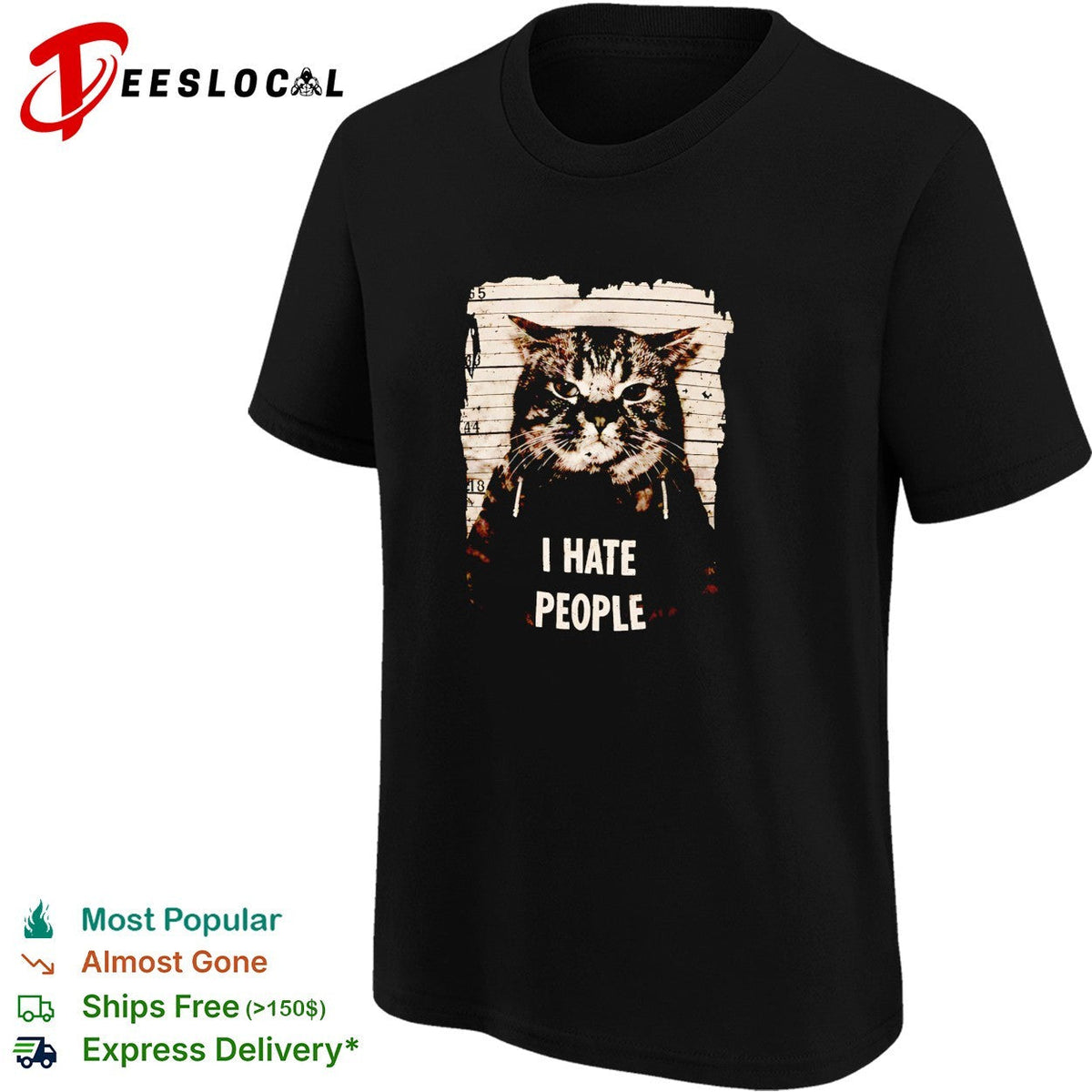 Jeff Satur wearing cat mugshot I hate p[eople shirt Unisex