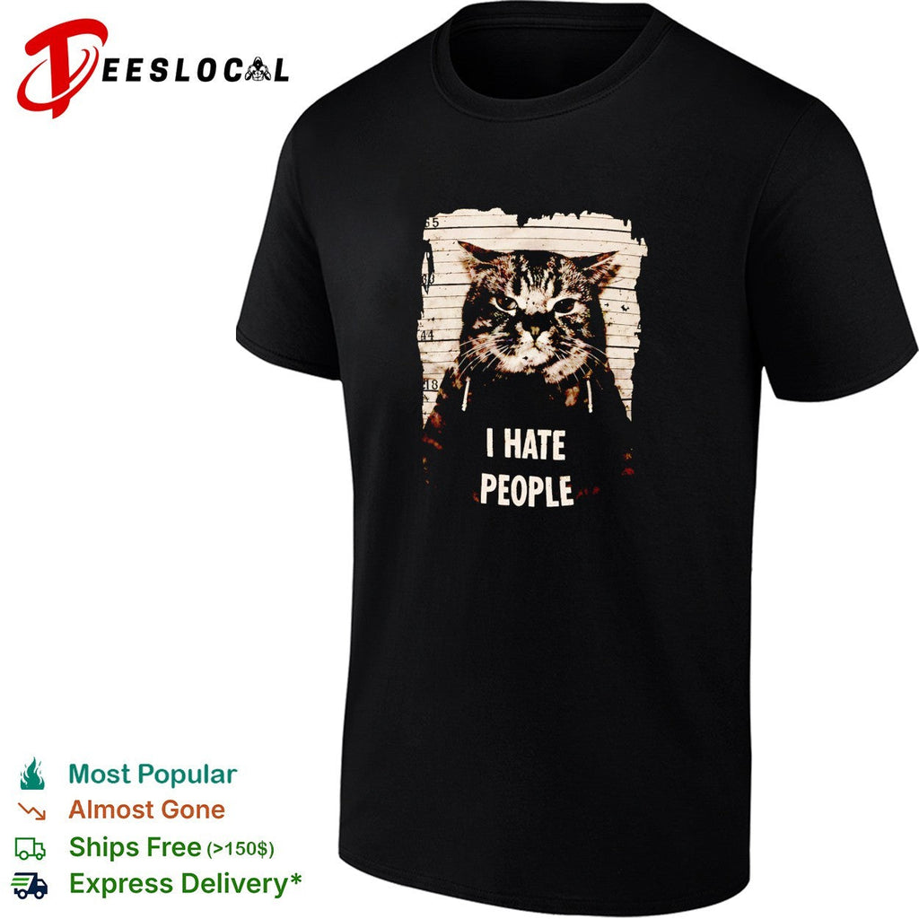 Jeff Satur wearing cat mugshot I hate p[eople shirt Unisex