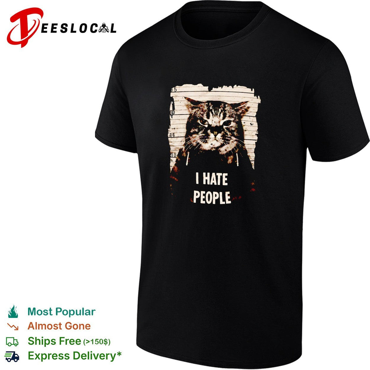 Jeff Satur wearing cat mugshot I hate p[eople shirt Unisex