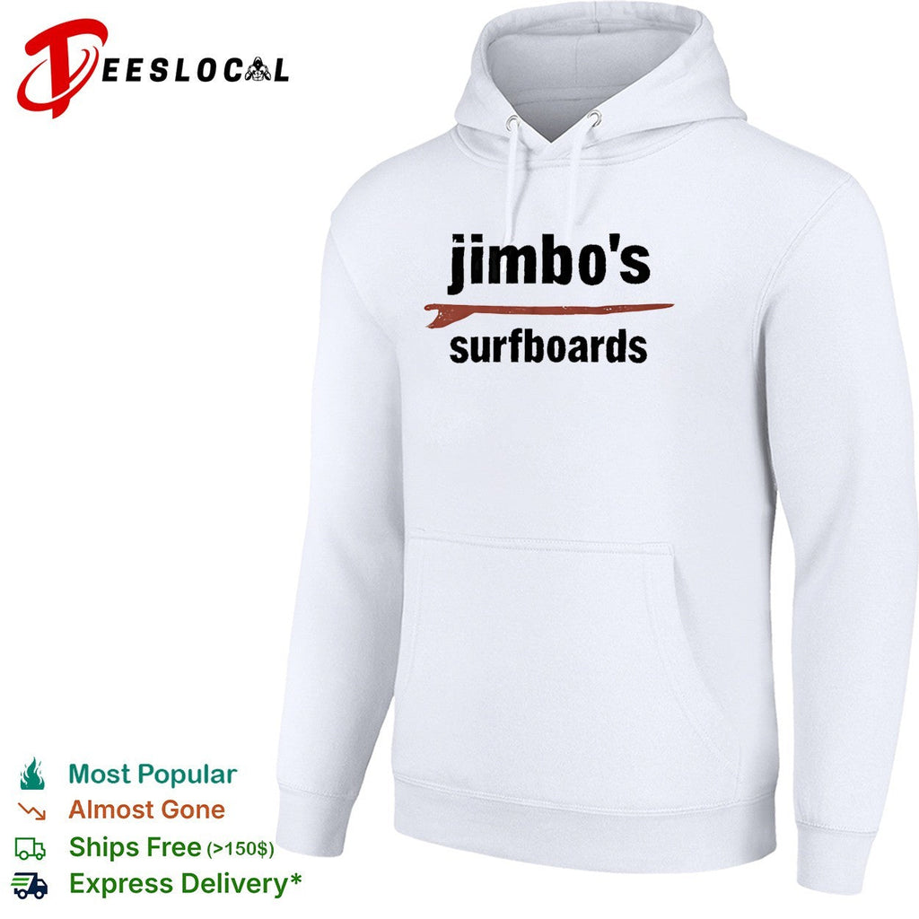 Jimbo’s surfboards red surfboard minimalist text white shirt Unisex