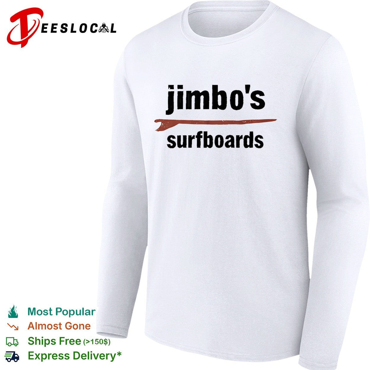 Jimbo’s surfboards red surfboard minimalist text white shirt Unisex