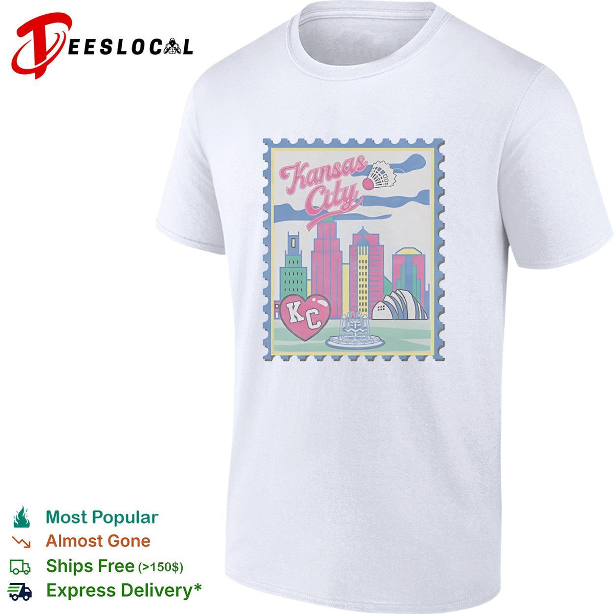 Kansas City Heart KC Badminton Shuttlecock Skyline City Landmarks Postage Stamp shirt Unisex
