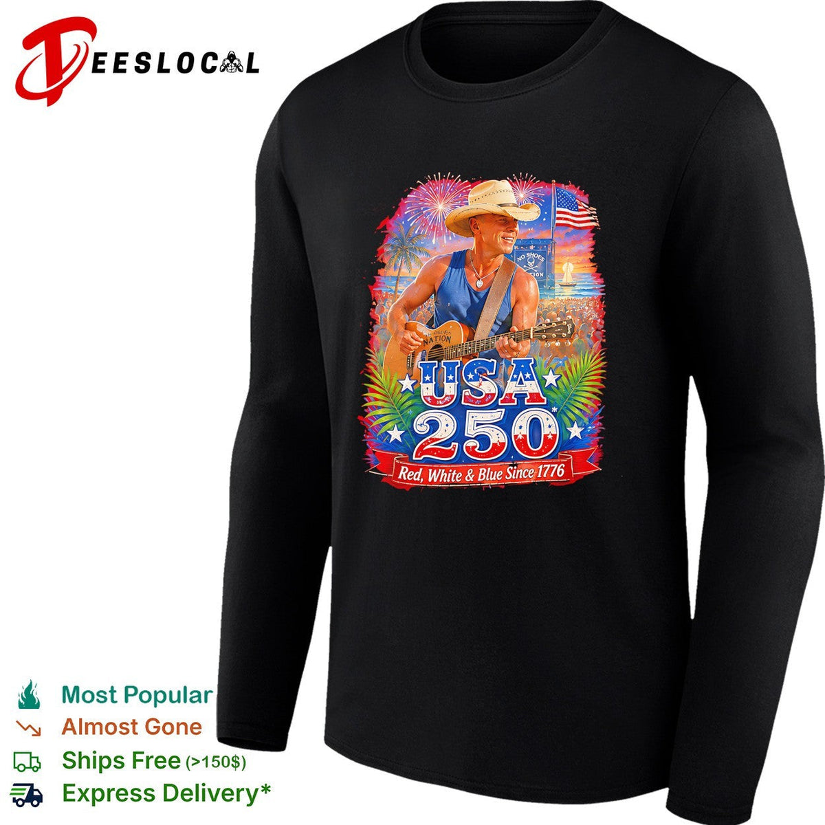 Kenny Chesney Cowboy guitarist red white and blue since 1776 fireworks poster shirt Unisex