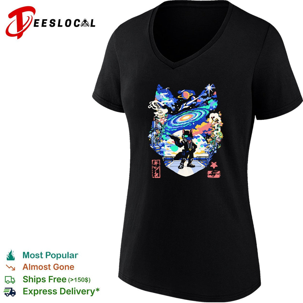 Kitsune fox galaxy cosmic Japanese street art anime shirt Unisex