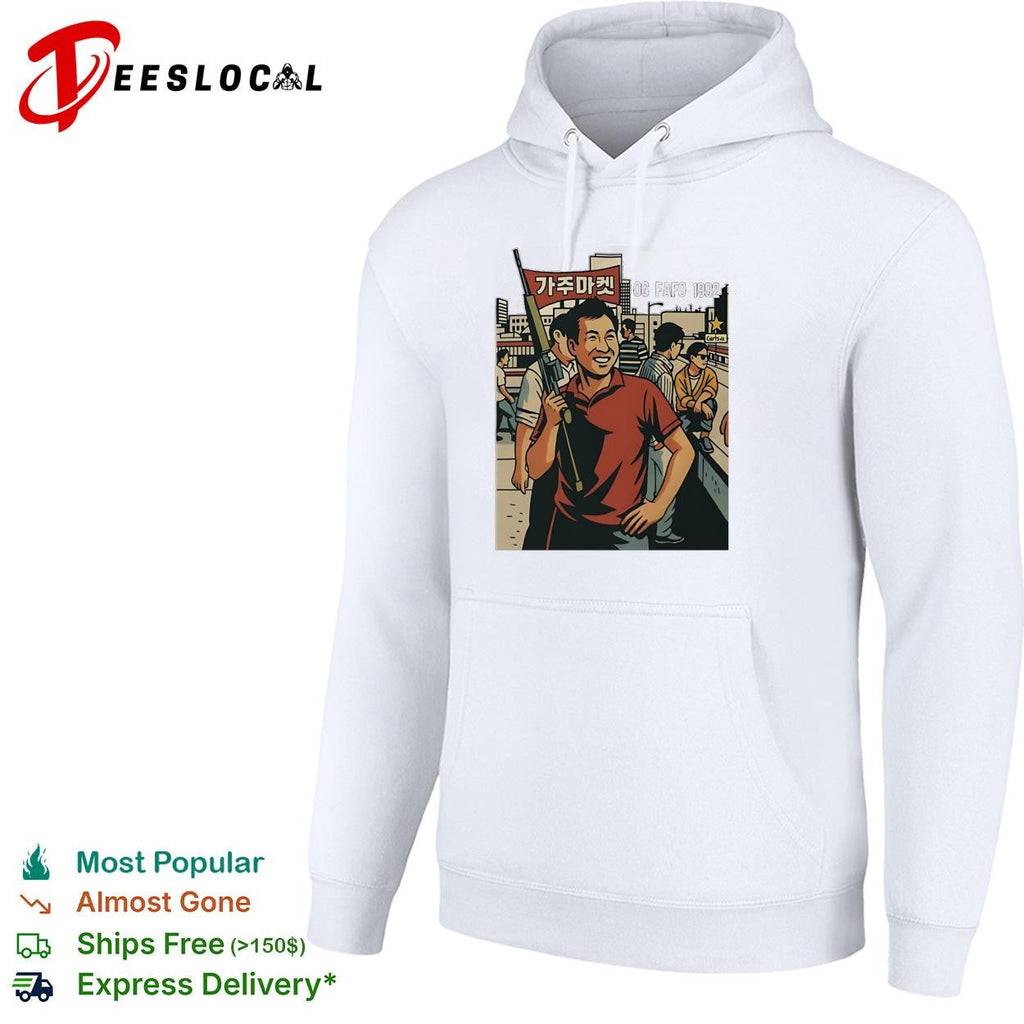 Korean American street scene man with rifle urban graphic art shirt Unisex