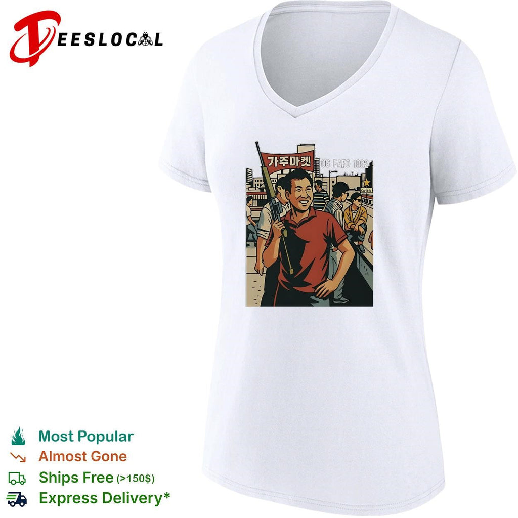 Korean American street scene man with rifle urban graphic art shirt Unisex