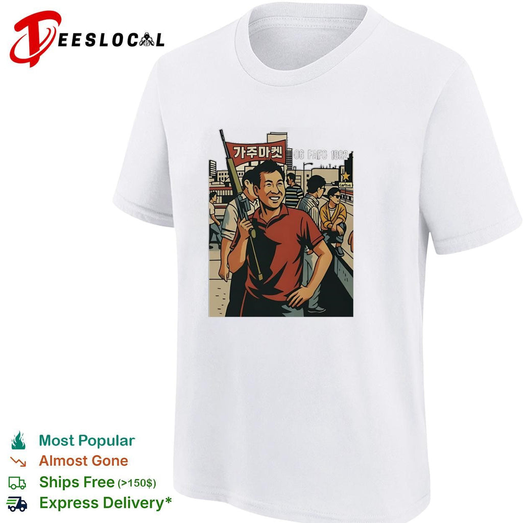 Korean American street scene man with rifle urban graphic art shirt Unisex