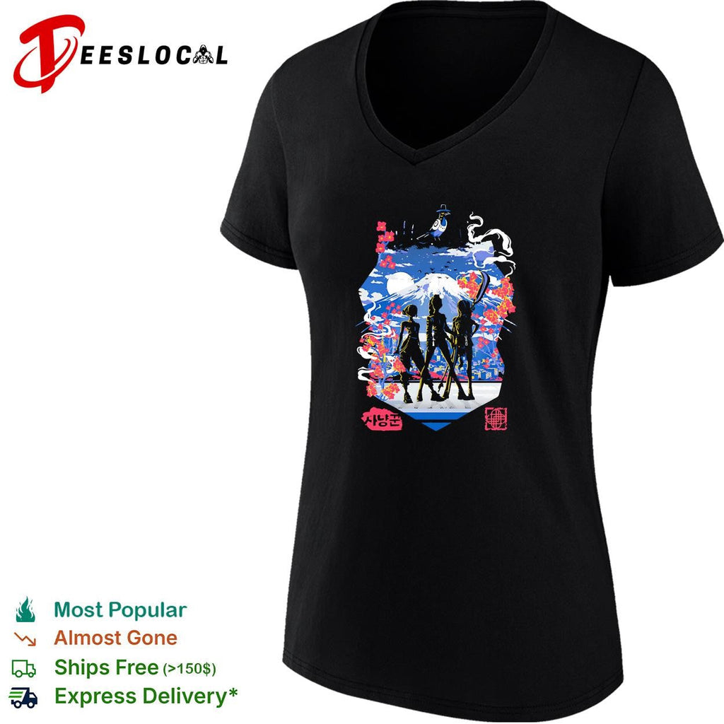 Kpop Anime squad silhouette Mount Fuji cherry blossom moonlight graphic shirt Unisex