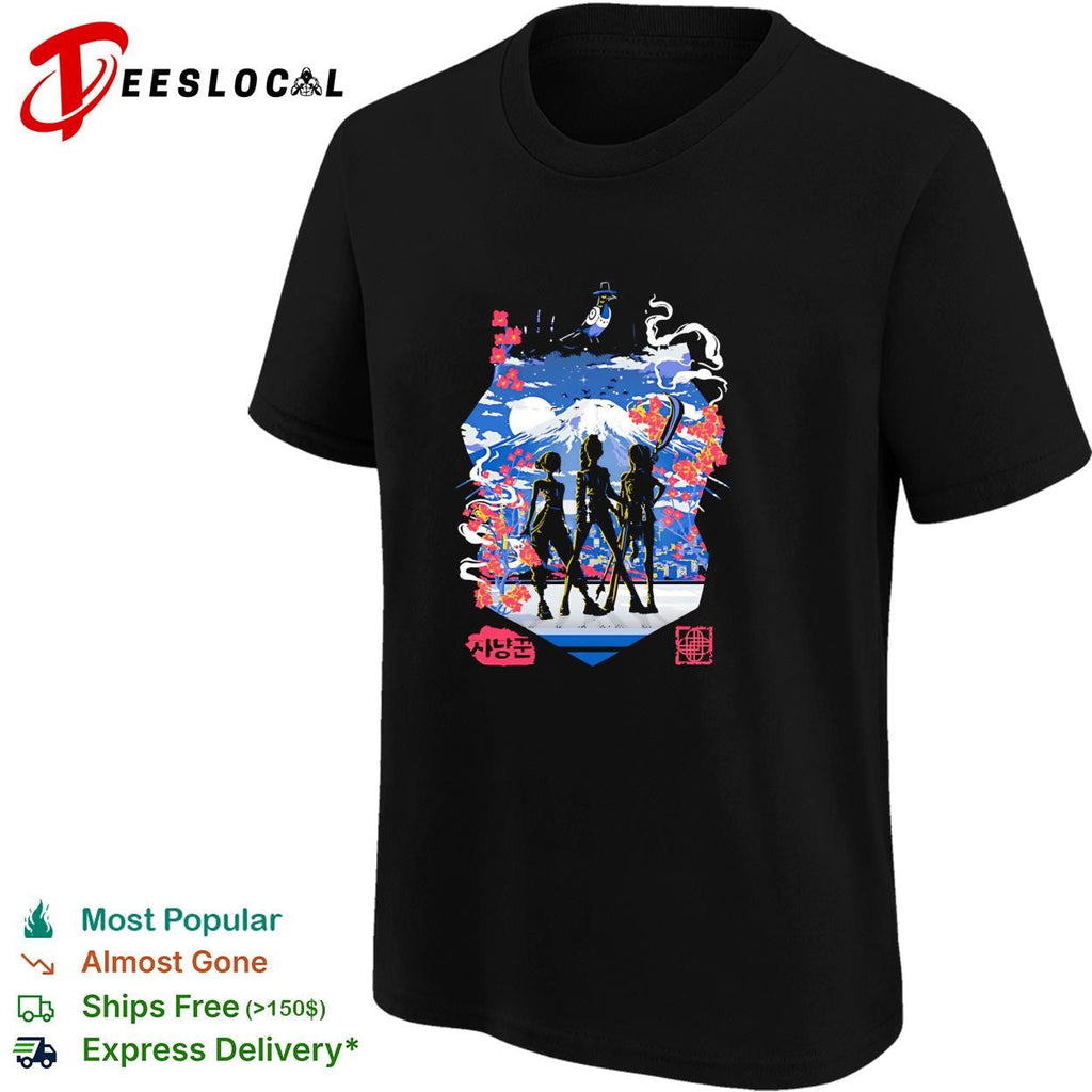 Kpop Anime squad silhouette Mount Fuji cherry blossom moonlight graphic shirt Unisex