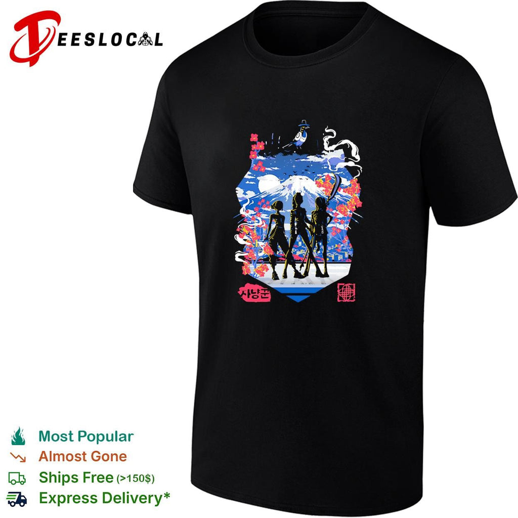 Kpop Anime squad silhouette Mount Fuji cherry blossom moonlight graphic shirt Unisex