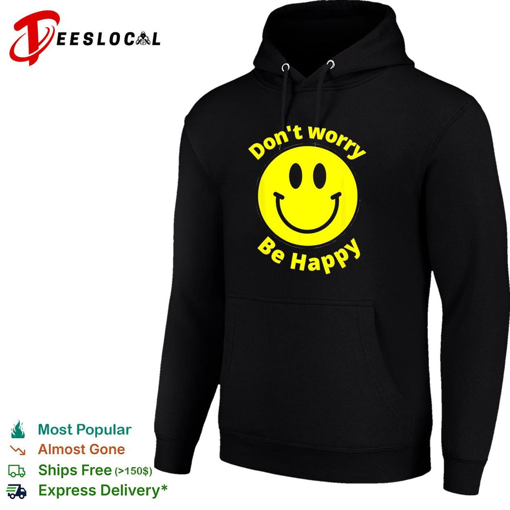 Don’t worry be happy yellow smiley face bold black lettering graphic shirt Unisex
