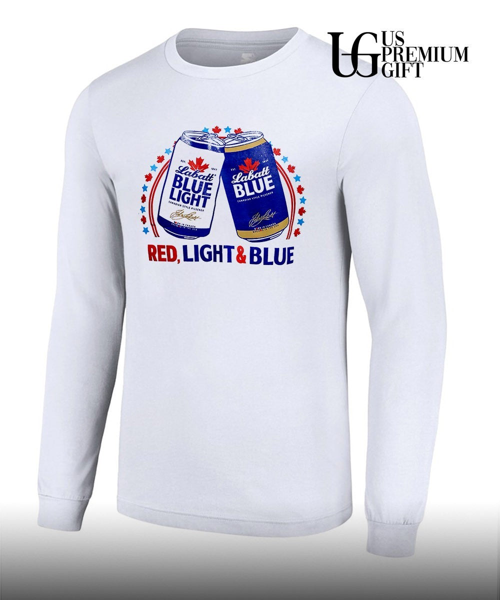 Labatt Blue Light Canadian style pilsner John Labatt born in Canada brewed in the USA Red Light and Blue shirt