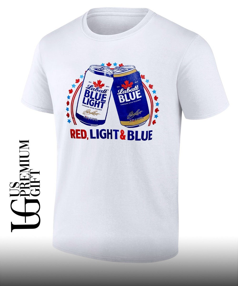 Labatt Blue Light Canadian style pilsner John Labatt born in Canada brewed in the USA Red Light and Blue shirt