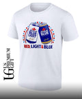 Labatt Blue Light Canadian style pilsner John Labatt born in Canada brewed in the USA Red Light and Blue shirt