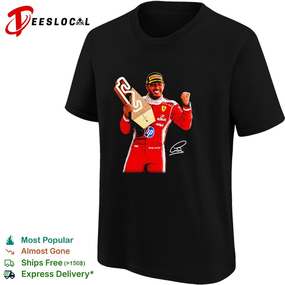 Lewis Hamilton Ferrari HP sponsor trophy podium triumphant moment photo art shirt Unisex