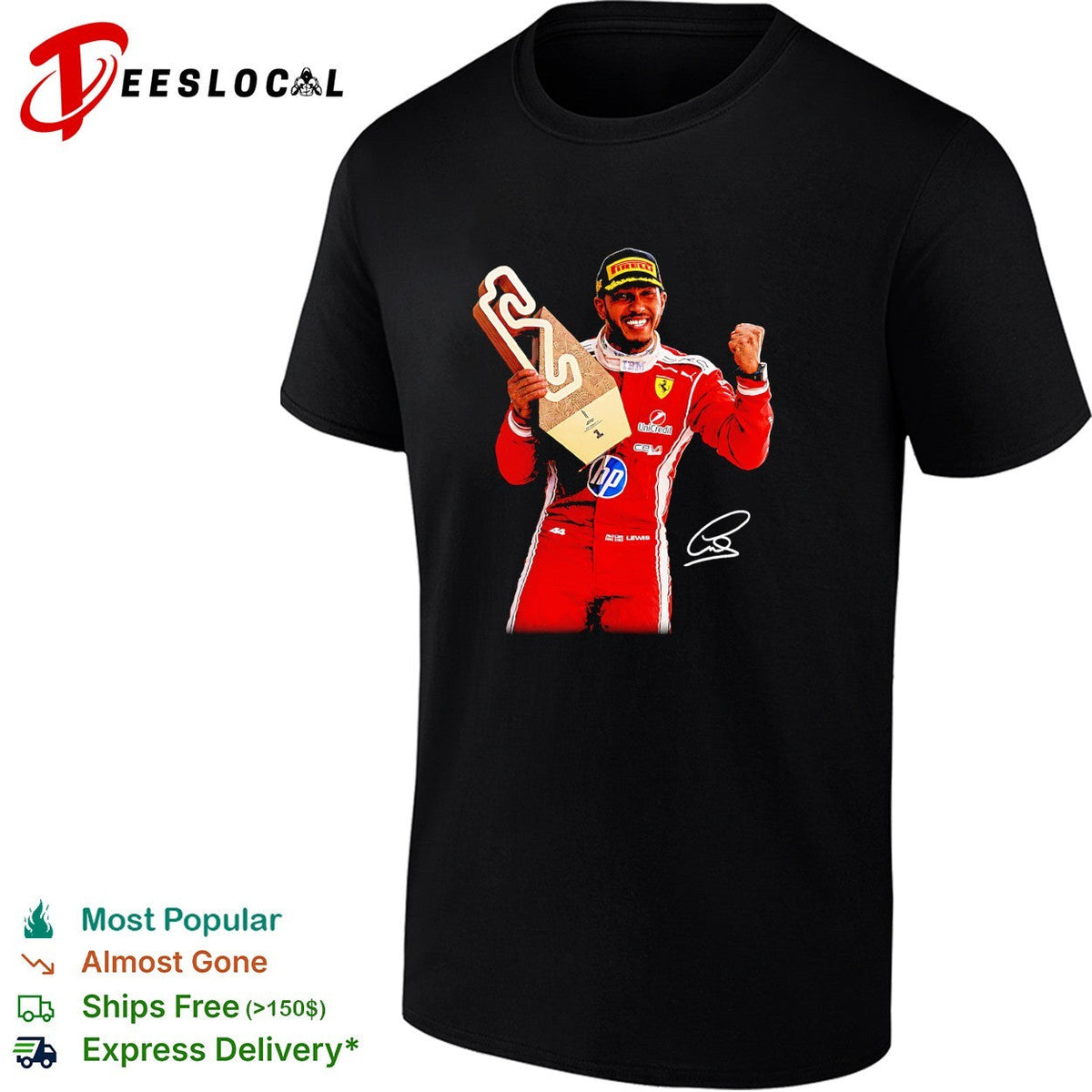 Lewis Hamilton Ferrari HP sponsor trophy podium triumphant moment photo art shirt Unisex