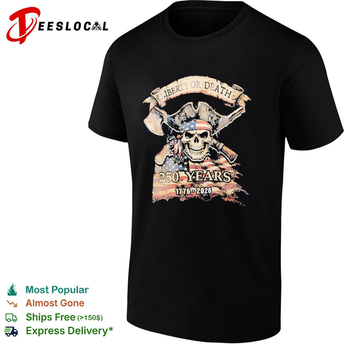Liberty or Death 250 Years 1776 2026 American Skull Flag Patriot Independence shirt Unisex