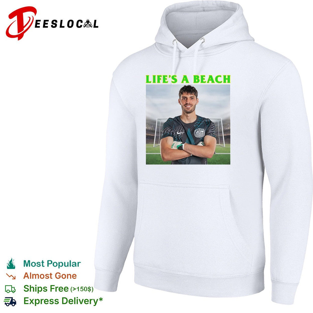 Life’s a beach soccer goalkeeper stadium arms crossed humor shirt Unisex