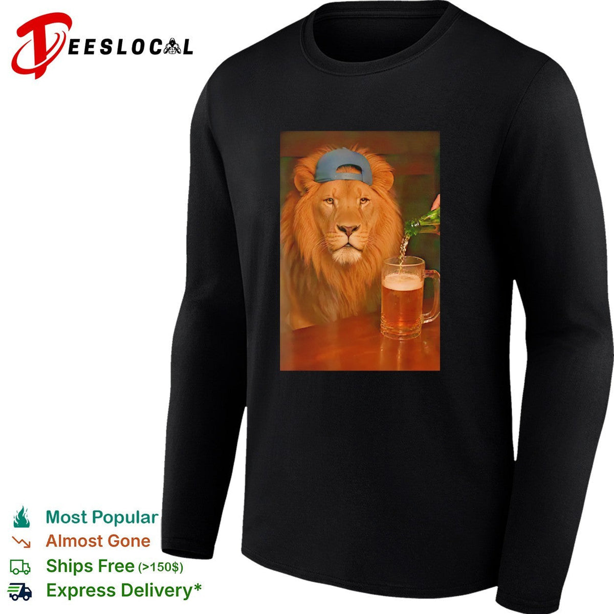 Lion wearing cap beer mug cool bar photo realism shirt Unisex
