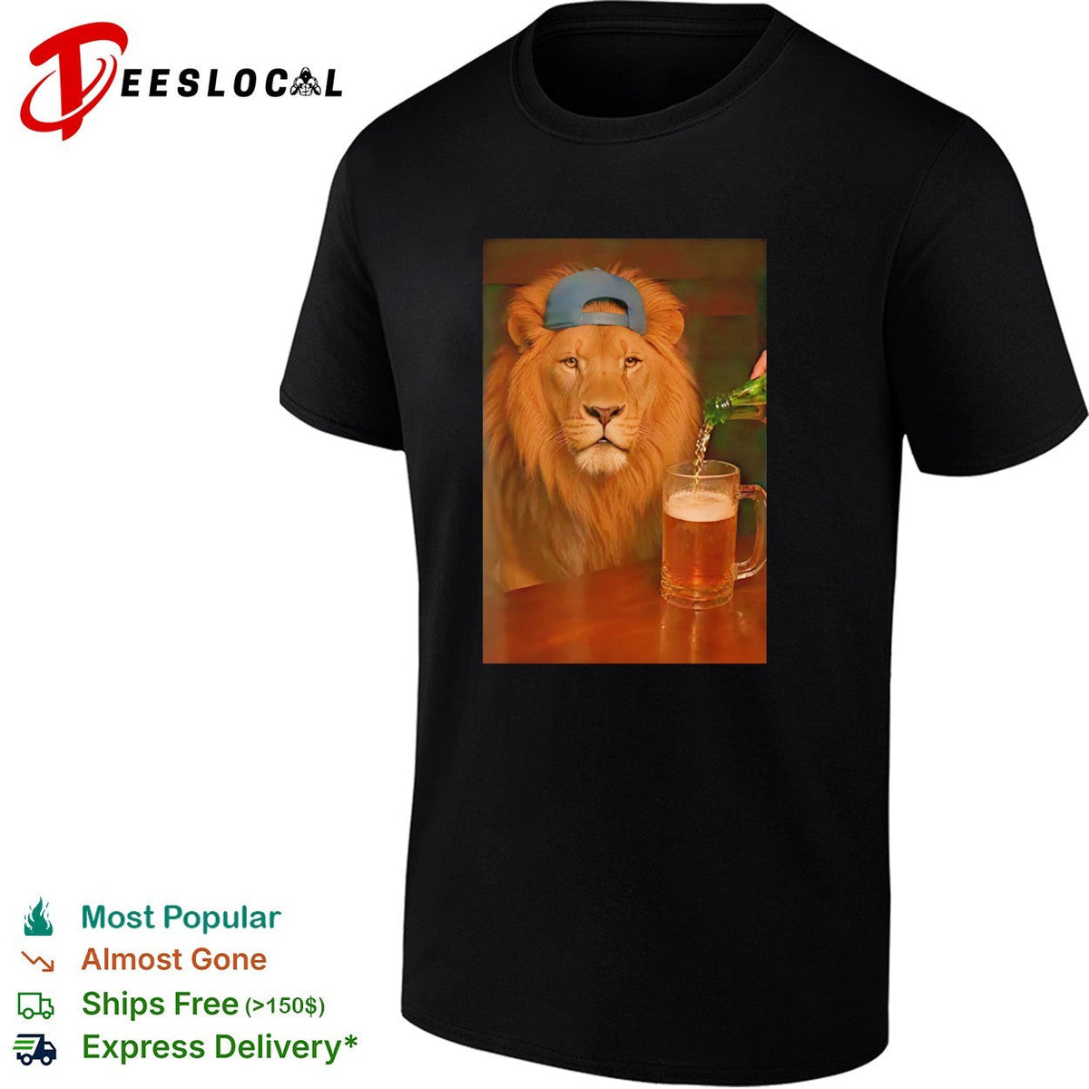 Lion wearing cap beer mug cool bar photo realism shirt Unisex